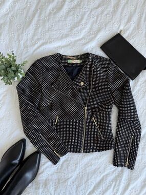 Ted Baker Navy and White Tweed Moto Jacket with Gold Hardware
